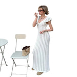 Flutter Sleeve V-Neck Openwork Maxi Dress - white