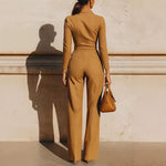 Pointed-Collar Zip-Front Belted Straight Wide-Leg Long-Sleeve Jumpsuit - camel