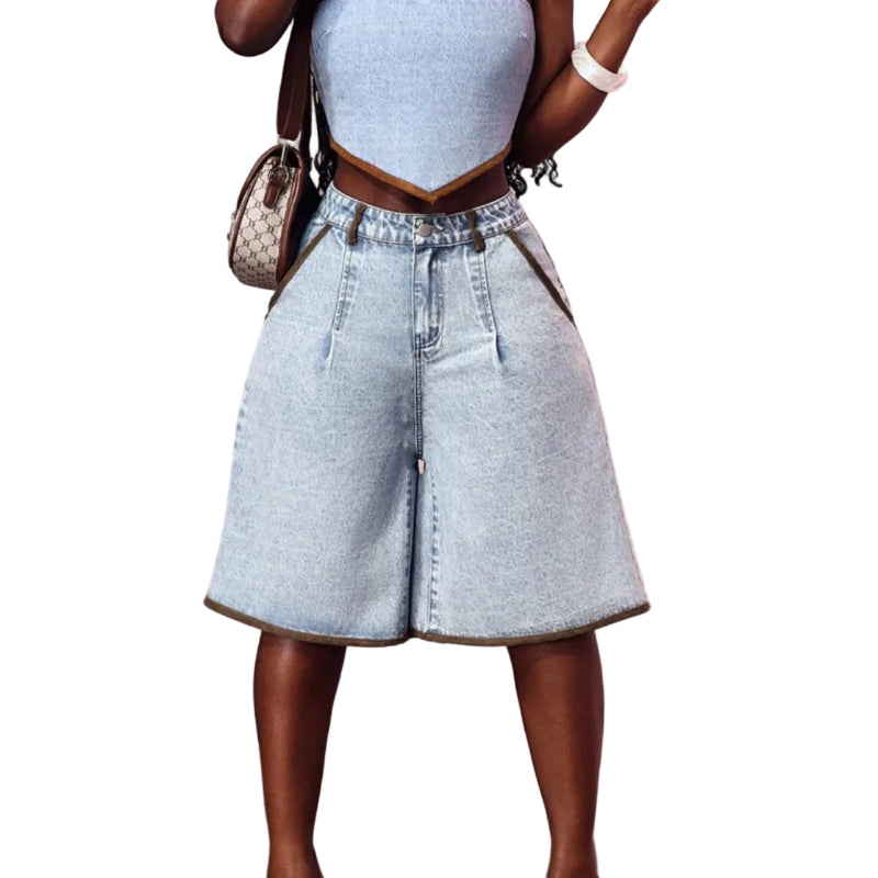 Wide Leg Denim Bermuda Shorts