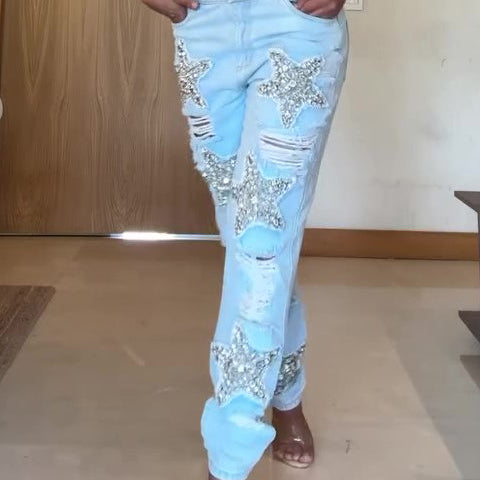 Five-pointed Star Hot Diamond Ripped Jeans