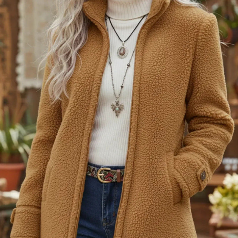 Stand Collar Zip-Up Fleece Jacket - camel