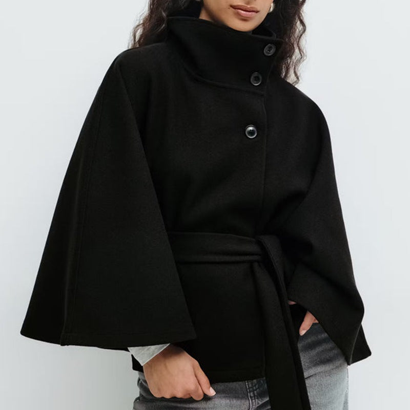 High Neck Batwing Sleeve Coat With Belt - black