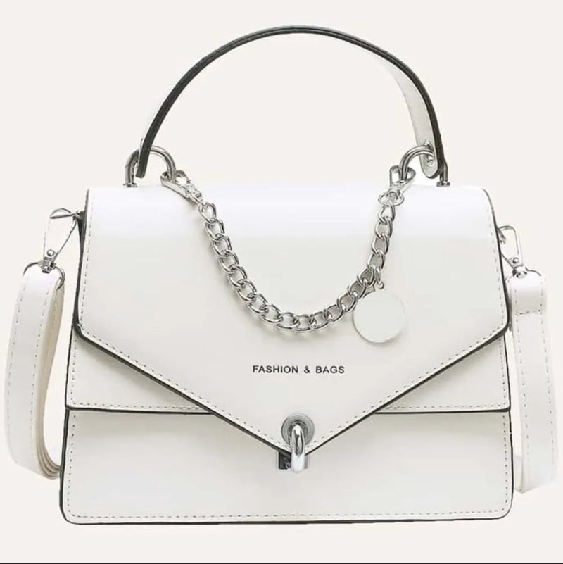 Chain PU Leather Handbag with Detachable Shoulder Strap - Black & Ivory