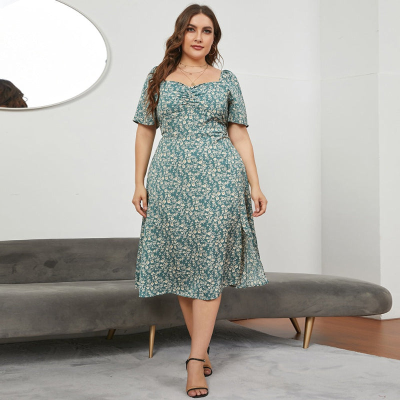 Square Neck Waist Open Long Floral Dresses