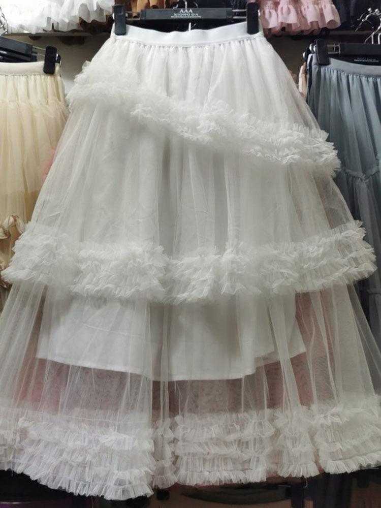 Multi-layer Fungus Edge Stitching Mesh Skirts - runwayfashionista.com