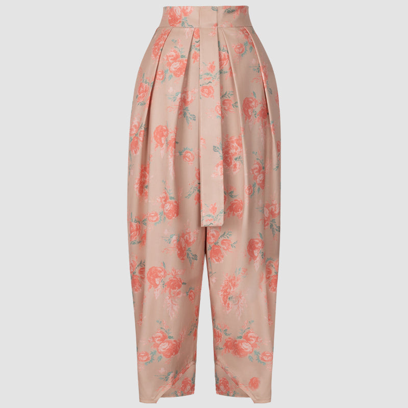 Elegant High-waisted Floral Pleated Pants