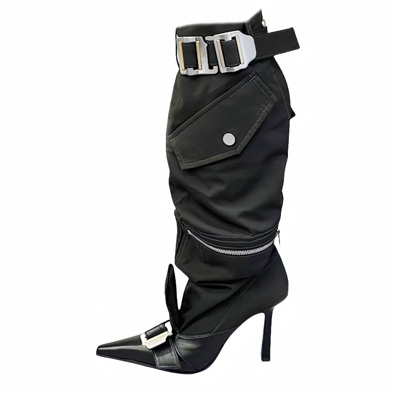 Step out boldly with these pointed toe, knee-length boots featuring a long tube design and a striking belt buckle detail.