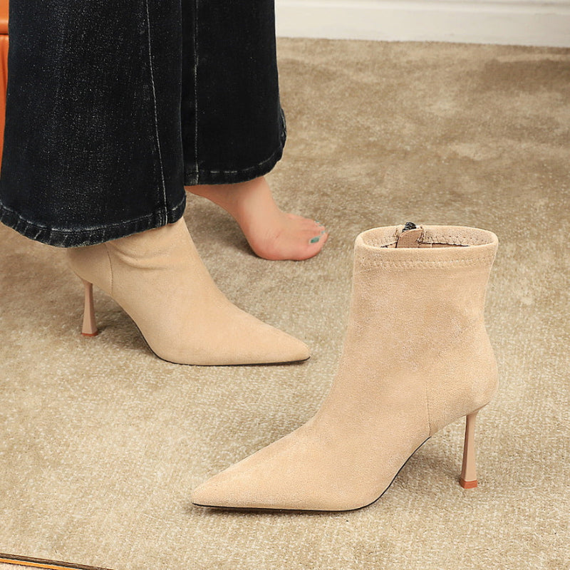 Pointed-Toe Stiletto Ankle Boots - beige