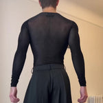 Black Mesh Long-Sleeve Top With Sheer Design