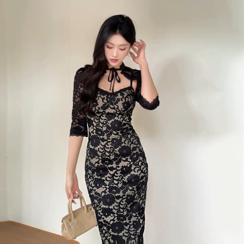 Edgy Lace Camisole Long Sleeve Midi Dress