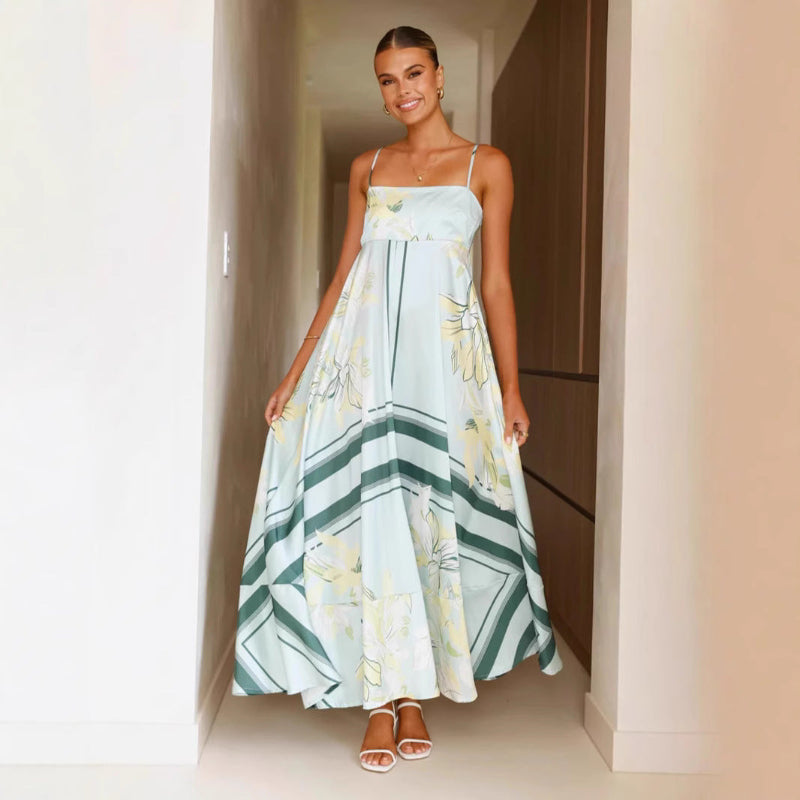 A collection of large swing suspender midi dresses in various prints and colors, including purple stripes, brown stripes, red floral, and different floral patterns.
