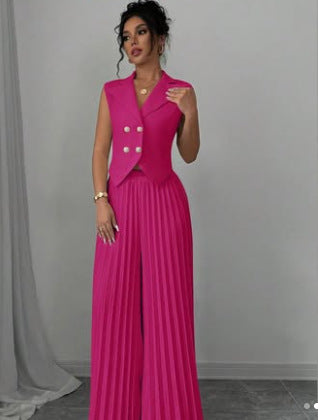 Vest Top And Pleated Straight Pants Set - pink