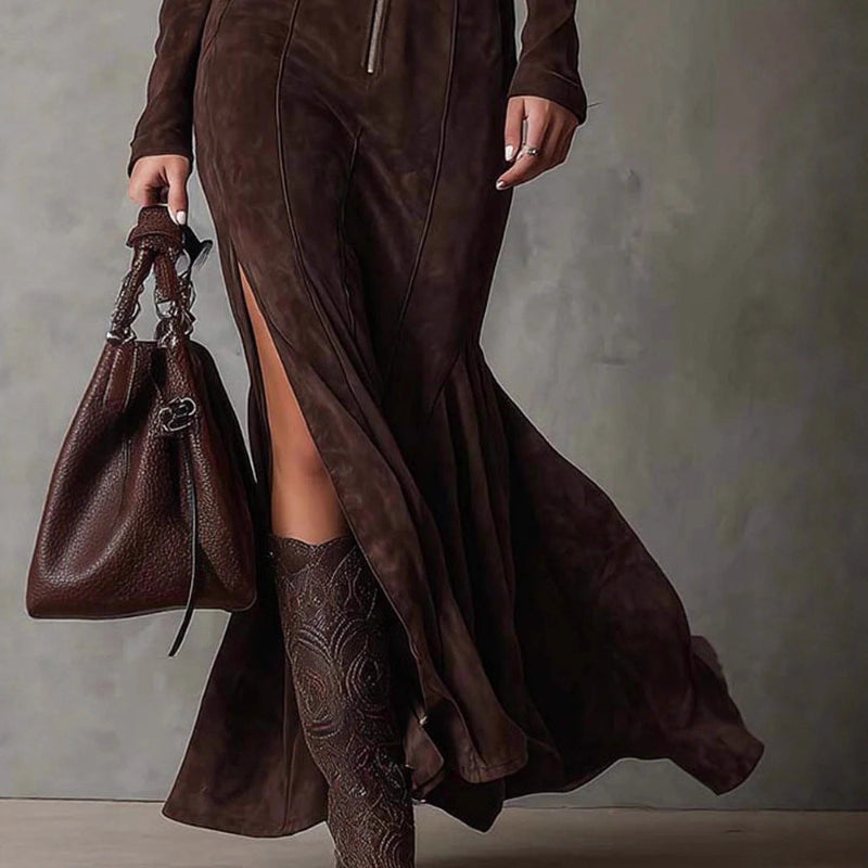 Temperament Split Long-sleeved Maxi Dresses - coffee