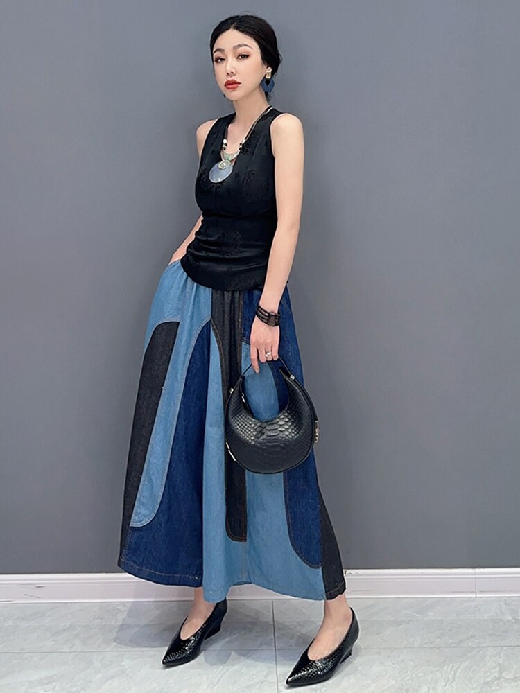 Casual Patchwork Elastic Waist Wide Leg Pants - runwayfashionista.com