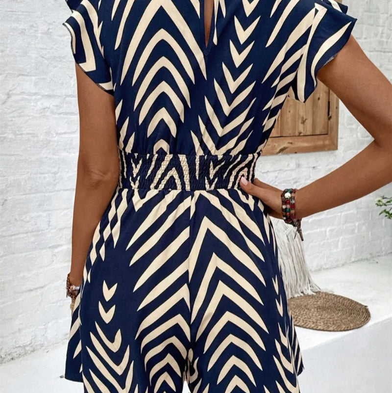 Printed Surplice Cap Sleeve Romper - runwayfashion.com