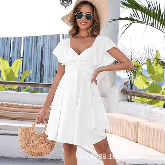 V-neck Fashionable Pleated Waist Mini Dress 
