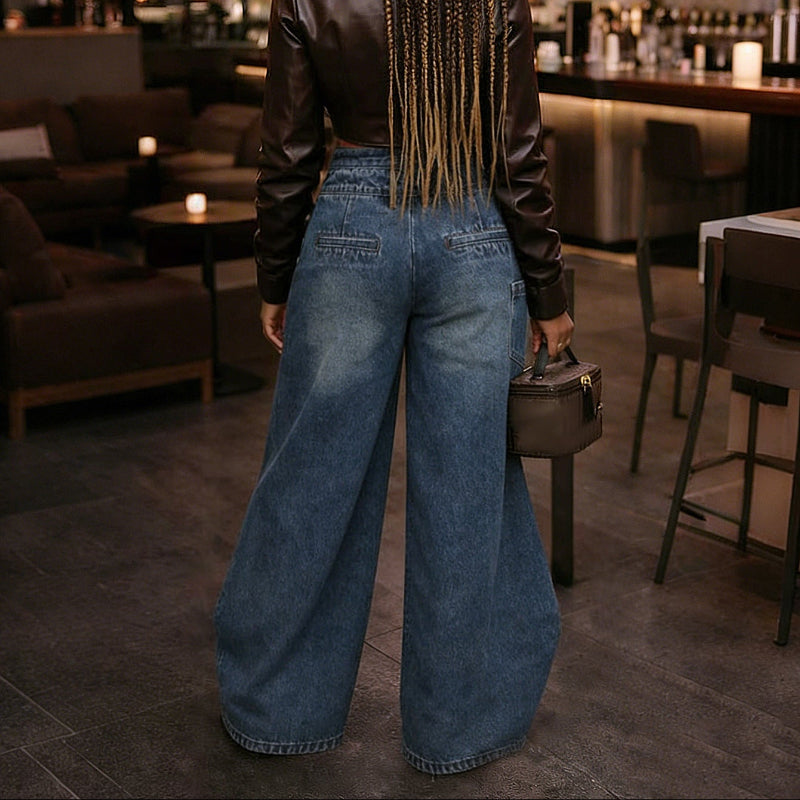 Retro High-waisted Cross-over Metal Buckle Irregular Wide-leg Pants - blue