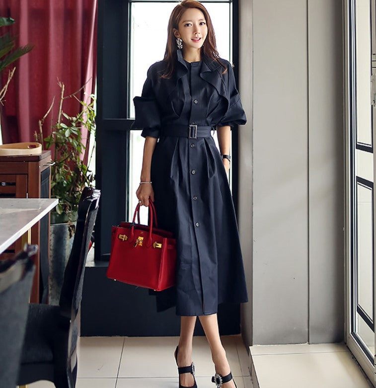 Bat Sleeve Trench Coat - Navy Blue