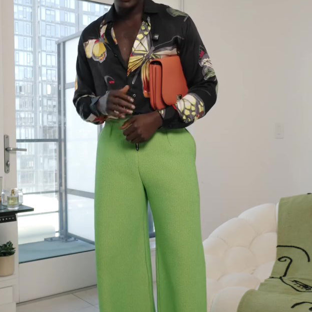 Chic Black Button-Up Shirt With Vibrant Butterfly Motif