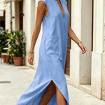 Sleeveless Stand Collar V-Neck Pocket Split Midi Dress - blue