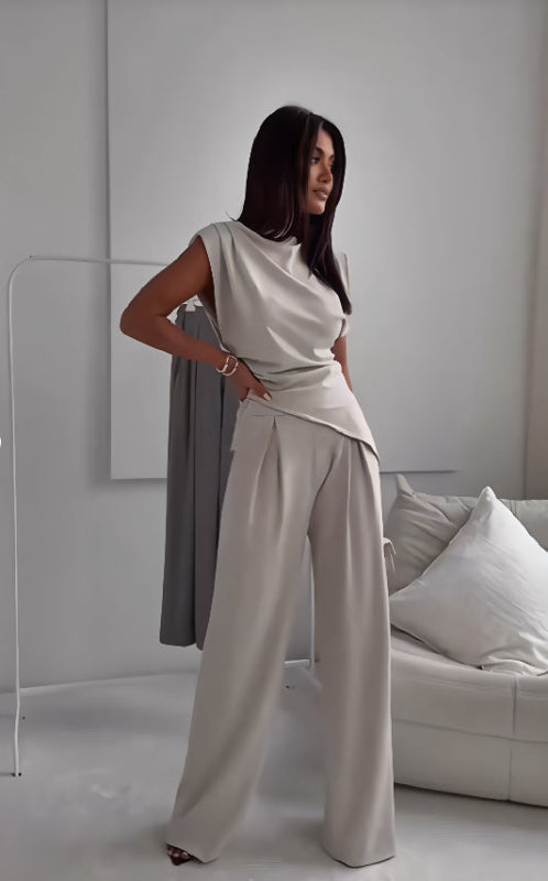 Irregular Split Top And Straight Pants Set - white