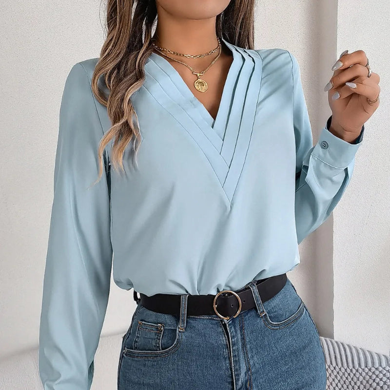 V-Neck Long Sleeve Blouse - runwayfashionista.com