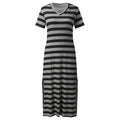 A collection of V-neck casual loose midi dresses with striped patterns and side slits, available in various colors.