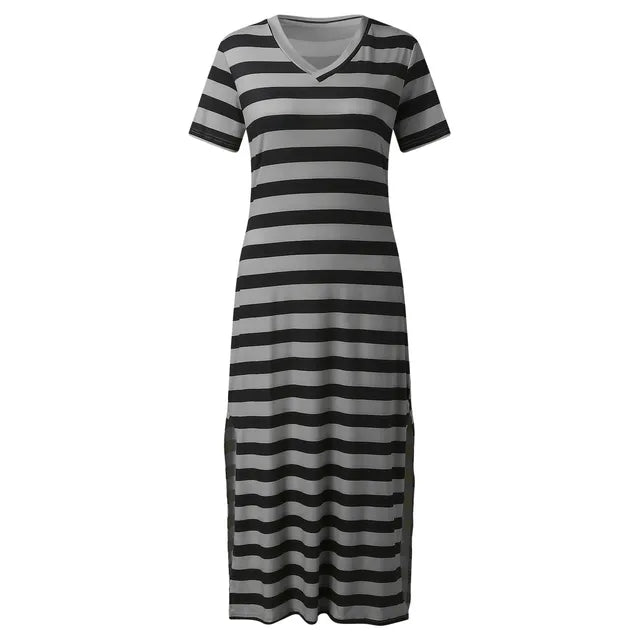 A collection of V-neck casual loose midi dresses with striped patterns and side slits, available in various colors.