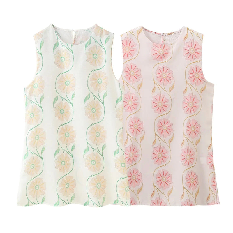 A sleeveless, short dress with a round neck, mid-waist fit, and a vibrant floral print.
