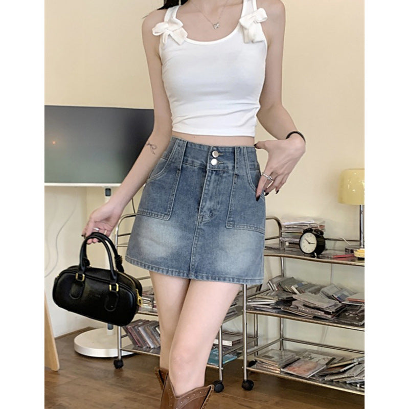 Trendy Double Button High Waist Denim Skirt