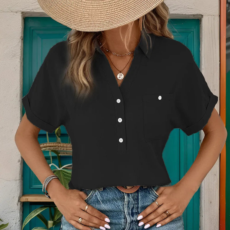 Johnny Collar Half Sleeve Blouse - runwayfashionista.com