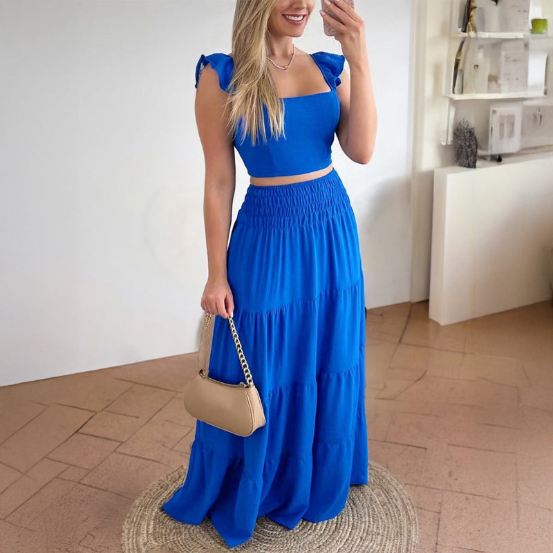 Casual Style Short Sleeve A-line Skirt Cake Skirt Set