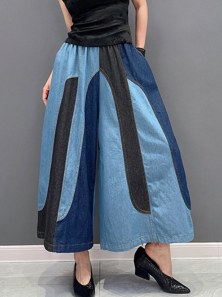 Casual Patchwork Elastic Waist Wide Leg Pants - runwayfashionista.com