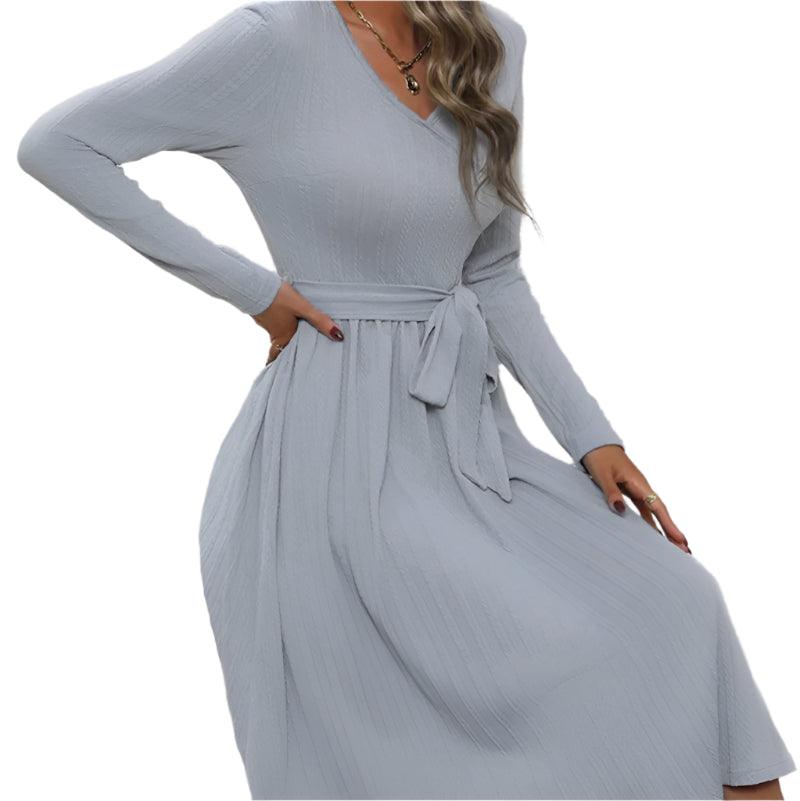 Surplice tie waist long sleeve midi dress - runwayfashionista.com