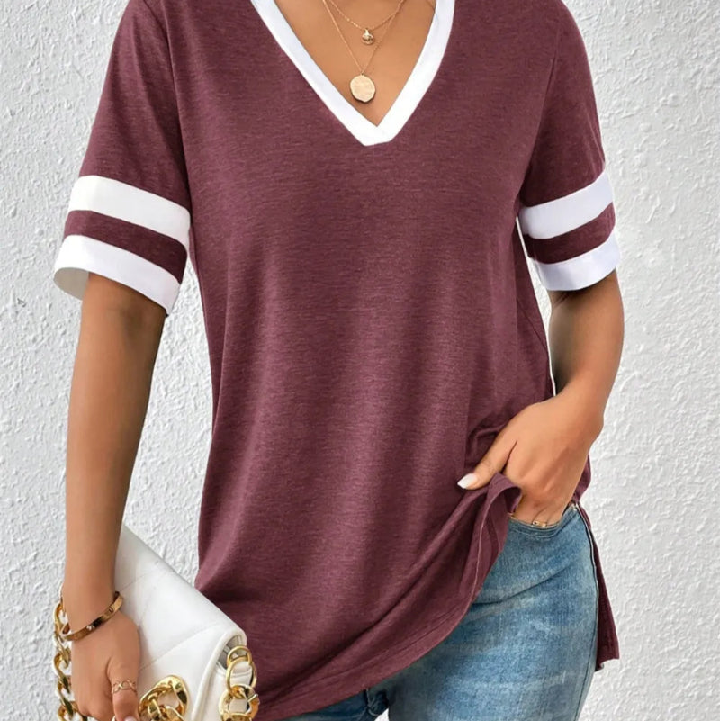Contrast Trim V-Neck Short Sleeve T-Shirt - runwayfashionista.com