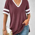 Contrast Trim V-Neck Short Sleeve T-Shirt - runwayfashionista.com