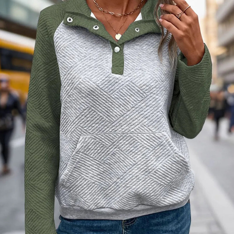 Contrast Textured Long Sleeve Sweatshirt - runwayfashionista.com