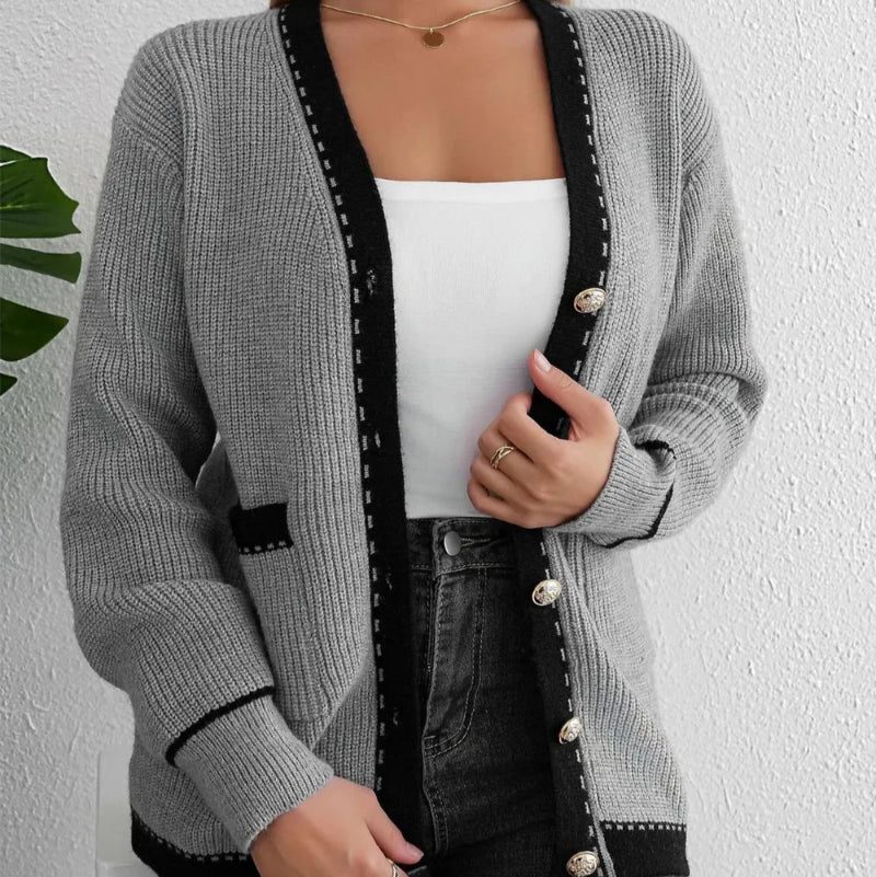 Contrast Trim Button Up Long Sleeve Cardigan - runwayfashionista.com