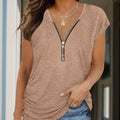 Full Size Half Zip Cap Sleeve T-Shirt -runwayfashionista.com