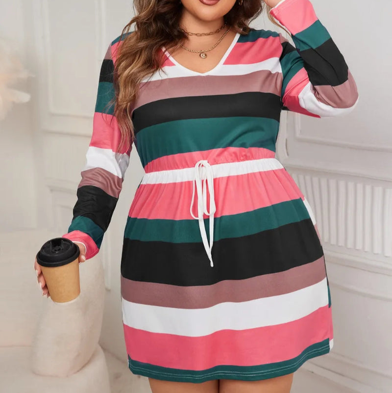 Plus Size Striped V-Neck Long Sleeve Mini Dress - runwayfashionista.com