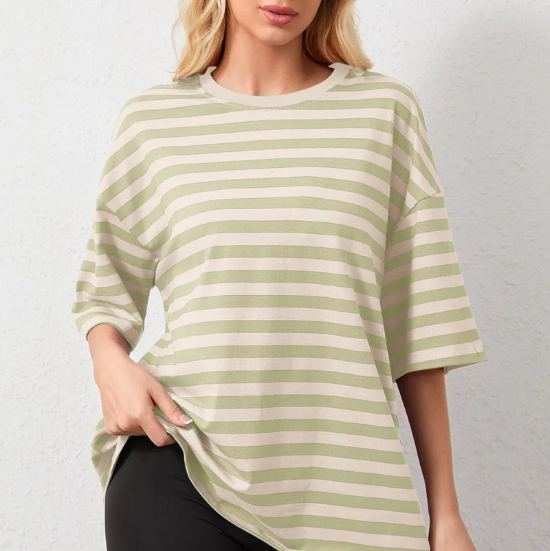 Casual Striped Quarter Sleeve T - Shirt - runwayfashionista.com