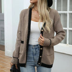 Contrast Trim Button Up Long Sleeve Cardigan - runwayfashionista.com