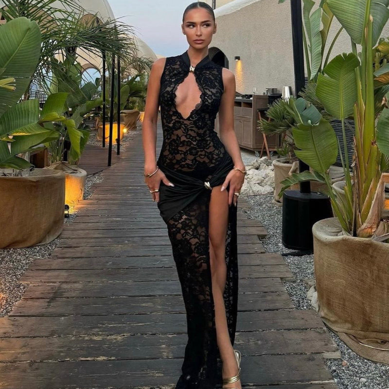 Hollow Out High Slit Slim Fit Sleeveless Midi Dress