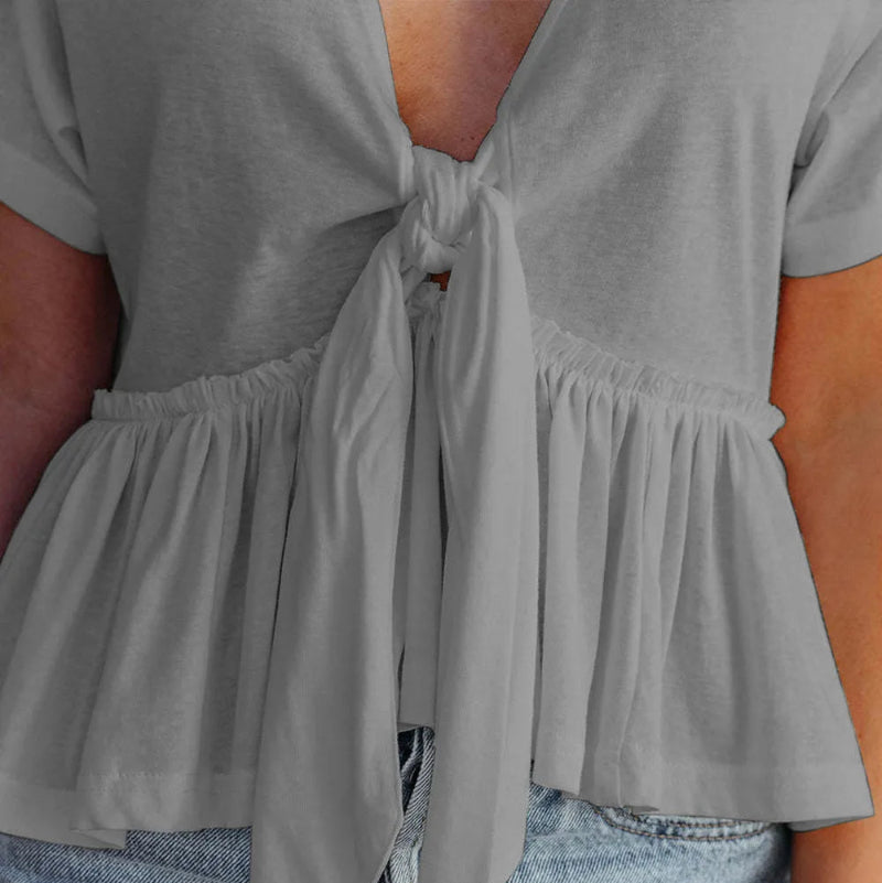 Tied Plunge Short Sleeve Blouse - runwayfashionista.com