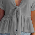 Tied Plunge Short Sleeve Blouse - runwayfashionista.com