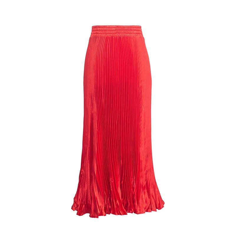 Glossy pleated long skirt