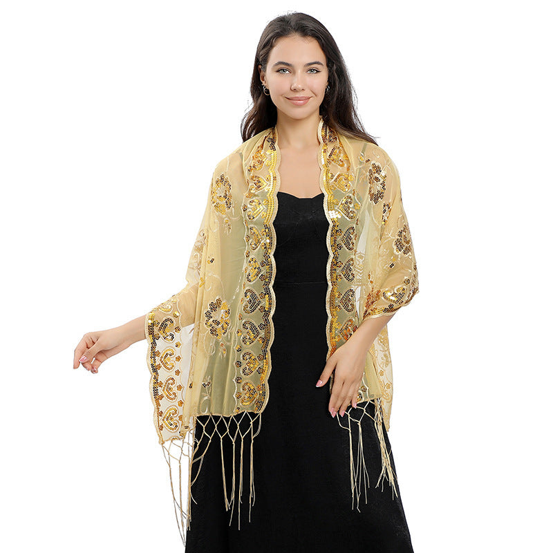 Flower Sequin Embroidered Long Fringe Shawl