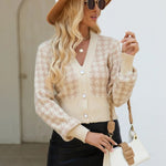 Houndstooth Button Up Long Sleeve Cardigan - runwayfashionista.com