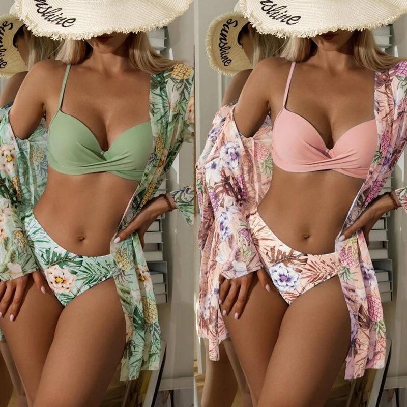 Three-Piece Kimono Split Print Bikini - runwayfashionista.com