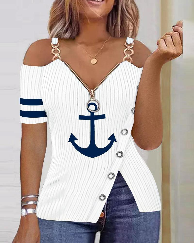 Summer Anchor Graphic Printed Zipper T-shirt - runwayfashionista.com